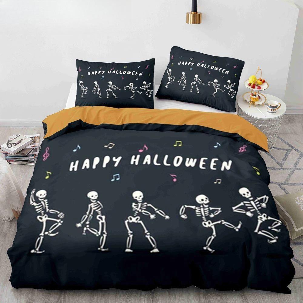 Sugar Skull King Queen Duvet Cover Funny Skeleton Halloween Bedding Set Gothic Spooky Bone Quilt Cover Polyester Comforter Cover