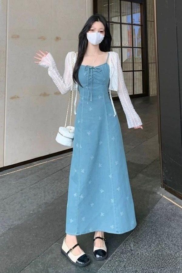 Denim Dress For Women With French Bow Tie Detail Long Sleeveless Summer Casual