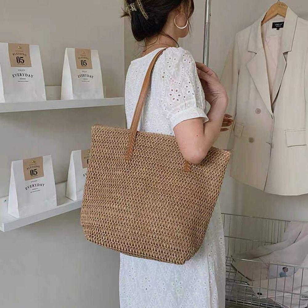 

Bohemian Style Weave Straw Tote Bag Square Raffia Shoulder Bag Fashion Beach Bag Girls бежевий
