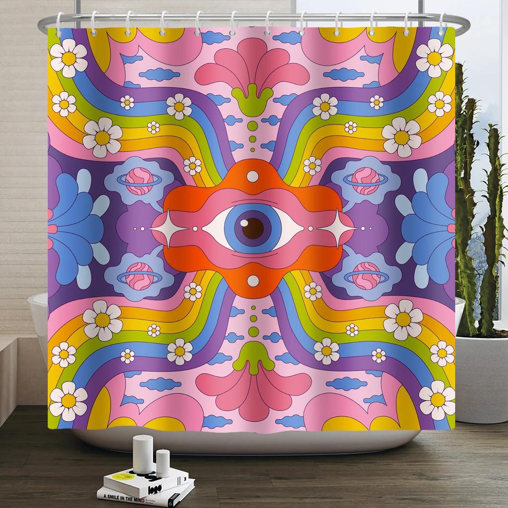 70s Retro Rainbow Shower Curtain Hippy Funky Cartoon Mushroom Floral Bathroom Curtain Polyester Waterproof Fabric Bathtub Screen