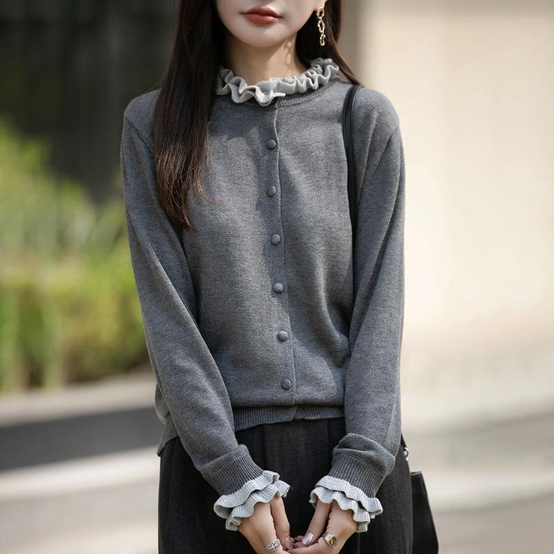 Women's Long Sleeve Knit Cardigan Ruffle Collar Sweet Knit Sweater Color Block Single Breasted Top