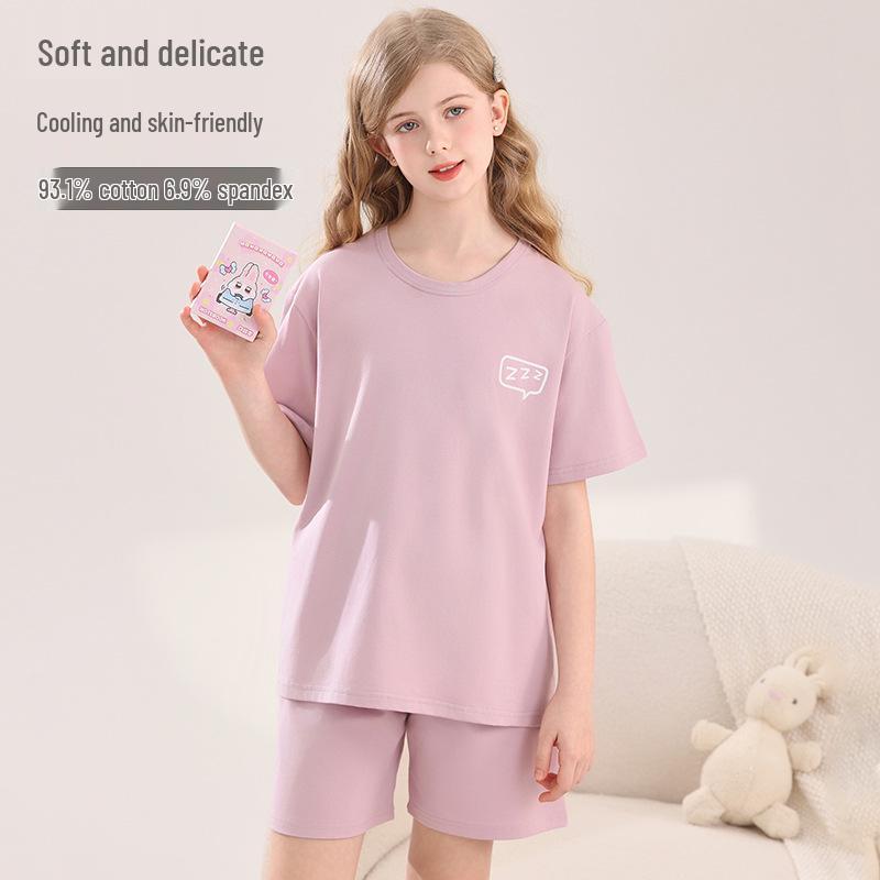 2026 Girls' Lycra Cotton Pajamas: Breathable, Cool Homewear Set for Kids