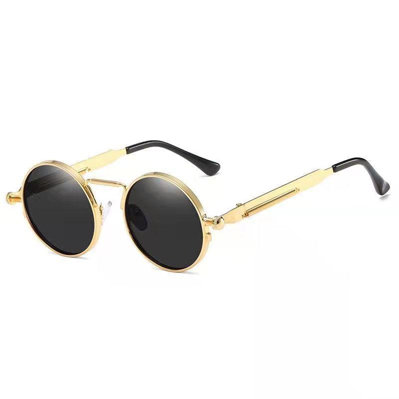 Steampunk Retro Round Sunglasses with Spring Temple for Men and Women