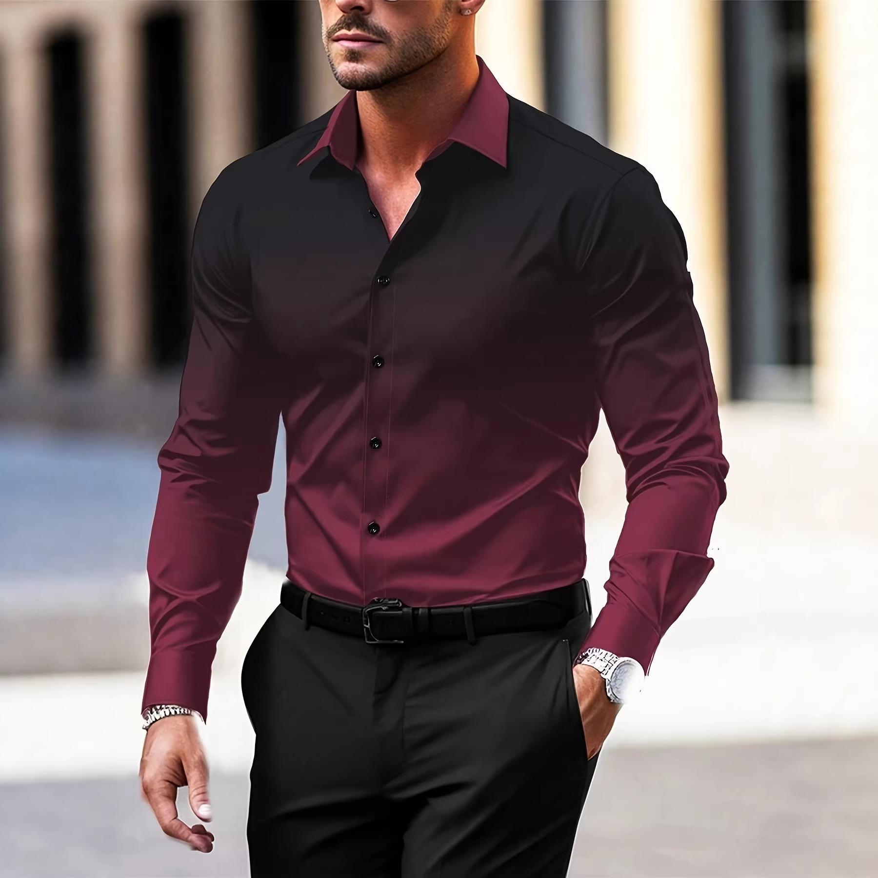 Men Gradient Print Long Sleeve Breathable Casual Dress Shirt S вино красного