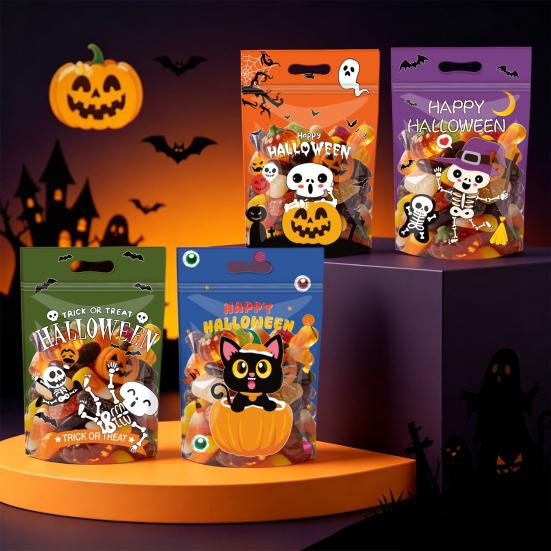 Durable Plastic Storage Containers 4PCS Halloween Candy Treat Bags with Handle, Translucent Stand-up Dessert Theme Holders Pouches, Cartoon