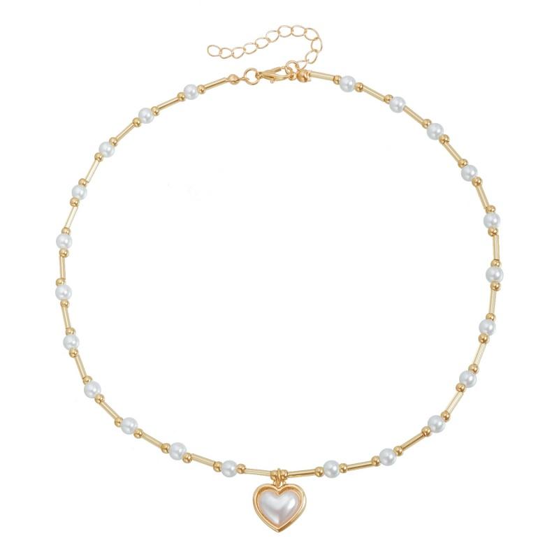 2025 Korean Romantic Imitation Pearl Beaded Choker Heart-Shaped Pendant Necklace Banquet Wedding Zircon