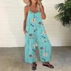 Summer Women Jumpsuit Adjustable Spaghetti Strap Backless Sleeveless Wide Leg Loose Floral Print Crotch Side Pockets Pleated Vacation Beach