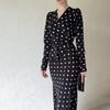 Frühling und Herbst frauen Kleid Chic Französisch Polka Dot Kleid Temperament V-ausschnitt Hüfte Kleid Krawatte Taille Dünne Bodenbildung rock