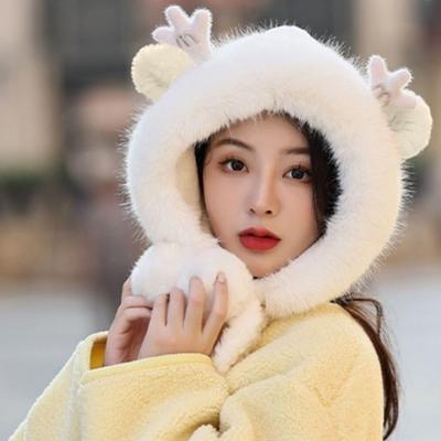 Cute Furry Trim Antler Ears Decor Women Winter Hat Thickened Plush Warm Ear Protection Woolen Hat Fashion Accessories