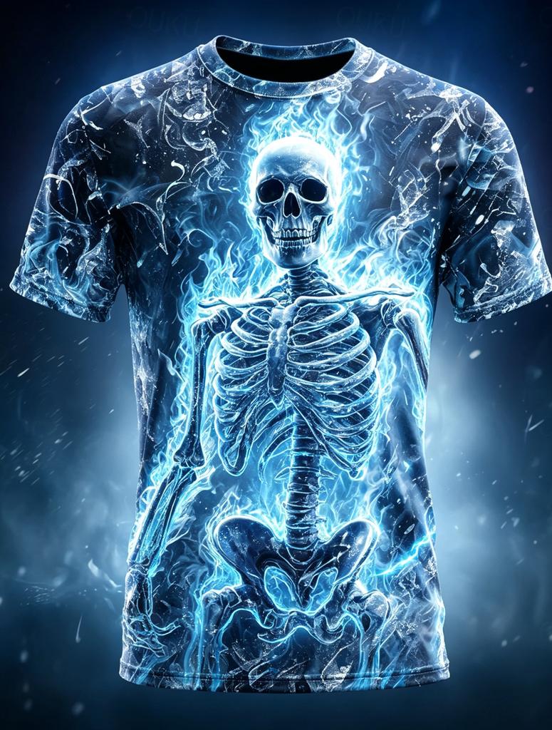 Men’s Fiery Lava Glowing Skeleton Crack Rock 3D Horror Print Crew Neck Lightweight Gothic Street Casual Short Sleeve T Shirt