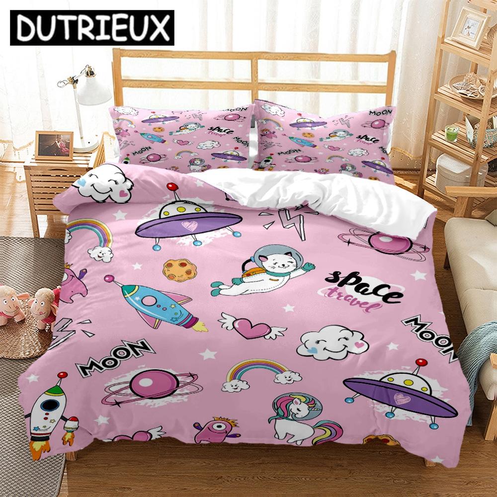 King/Double Size Hd Print Space Animals - Themed Bedding Set With Duvet Covers And Pillowcases For Children'S Beds