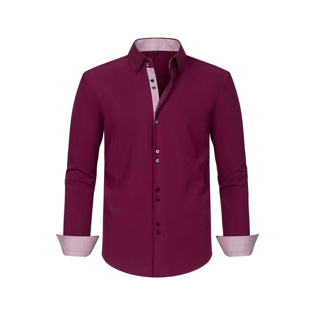 Cross-Border Men's Double-Breasted Polka Dot Color Block Stretch Shirt