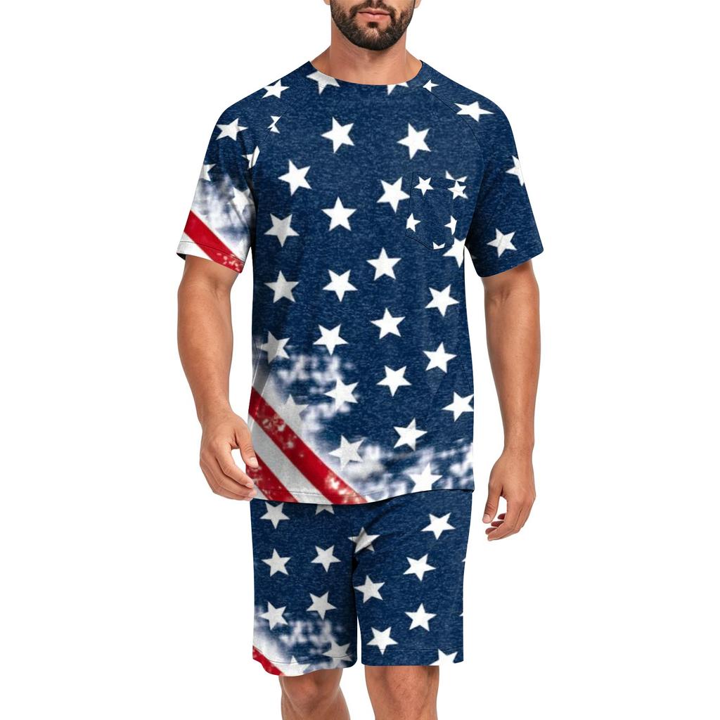 Men's Short Sleeve Pajama Set Lightweight Soft Fabric Crew Neck Top and Elastic Waist Shorts Summer Homewear Sleepwear Set