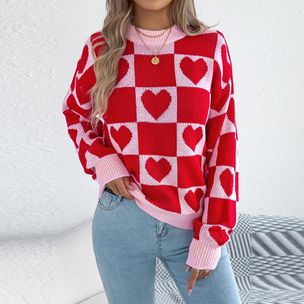 Women's Round Neck Contrasting Plaid Love Long-sleeved Pullover Sweater
