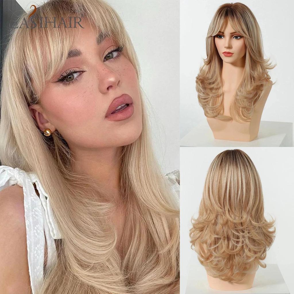 High-Temperature Resistant Gold Wig for Women - Long Curly Hair with Natural Bangs