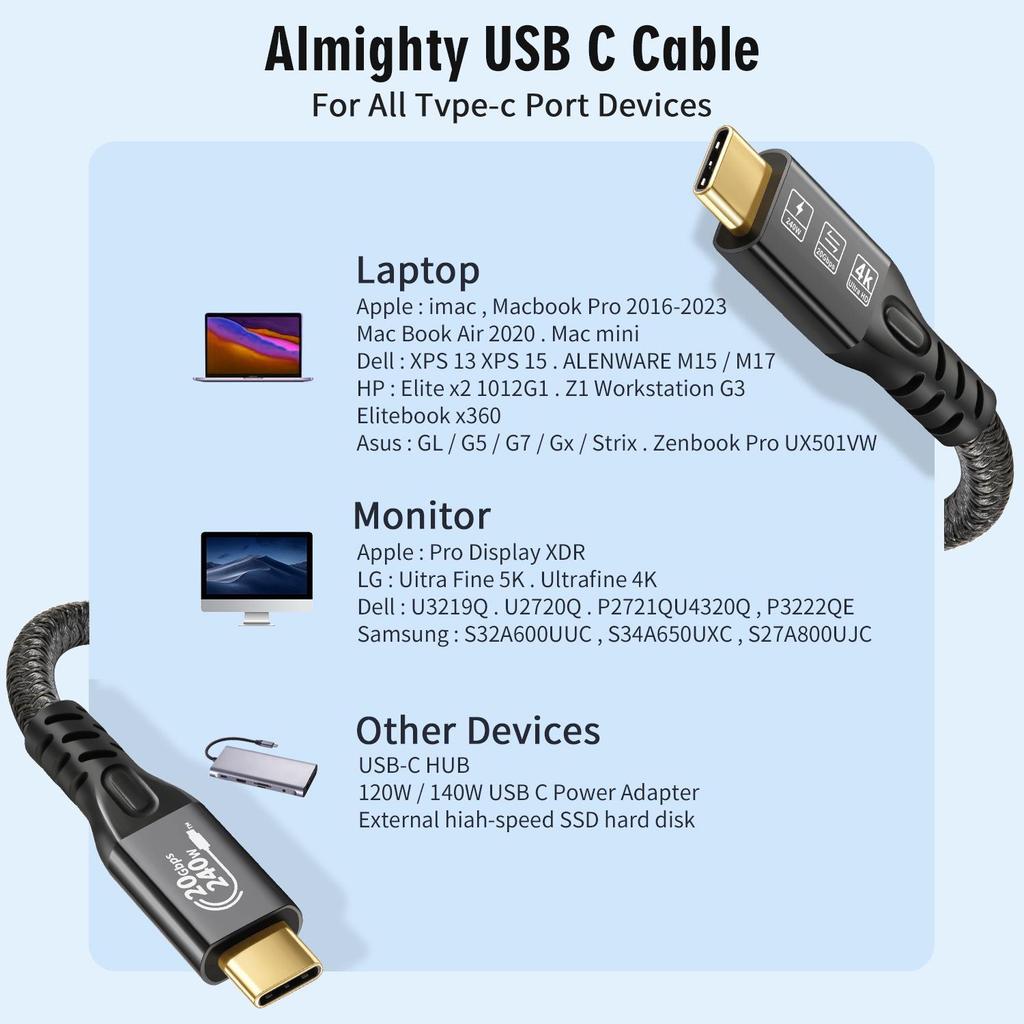 USB-C 240W Fast Charging 20Gbps Cable for 4K Devices