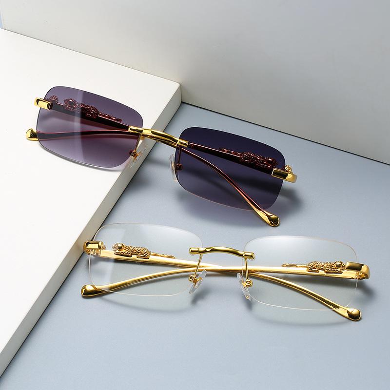 Retro Frameless Sunglasses with Cheetah Decoration - Stylish Metal Design for Men & Women