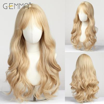 EASIHAIR Long Wavy Light Ash Blonde Synthetic Wigs with Bangs for Women Natural Wave Cosplay Party Daily Use Hair Wigs Heat Resistant