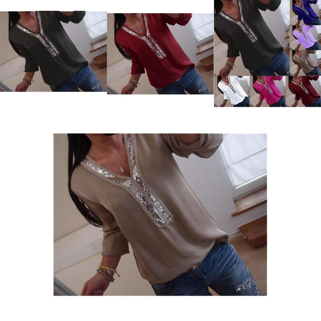 Elegant Womens Long Sleeve Sequins V-neck Tops Blouse With Casual Plus Size Fit