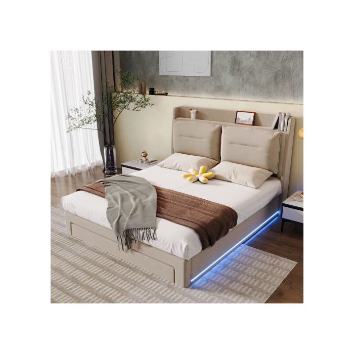 Lit hydraulique - MUVOE - 140x200 - Beige - Tiroirs 2 en 1 - Éclairage LED réglable