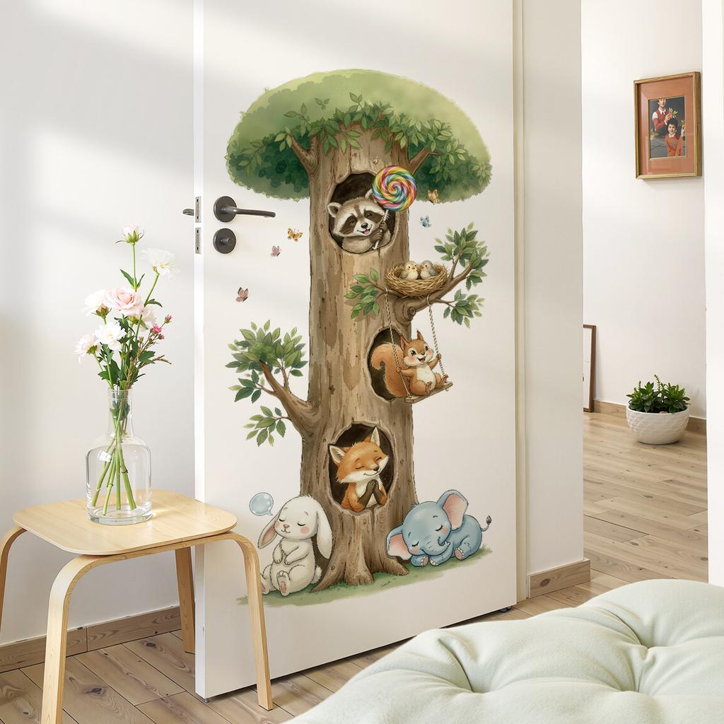 Cute Cartoon Tree Animals Wall Sticker Raccoon Squirrel Bunny Elephant Peel Stick Decal for Kids Bedroom Nursery Playroom Decor