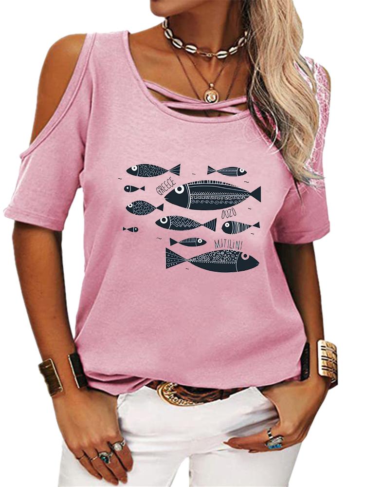 

Женская мода с открытыми плечами, повседневная летняя футболка с круглым вырезом, свободная футболка с коротким рукавом и принтом S розовый