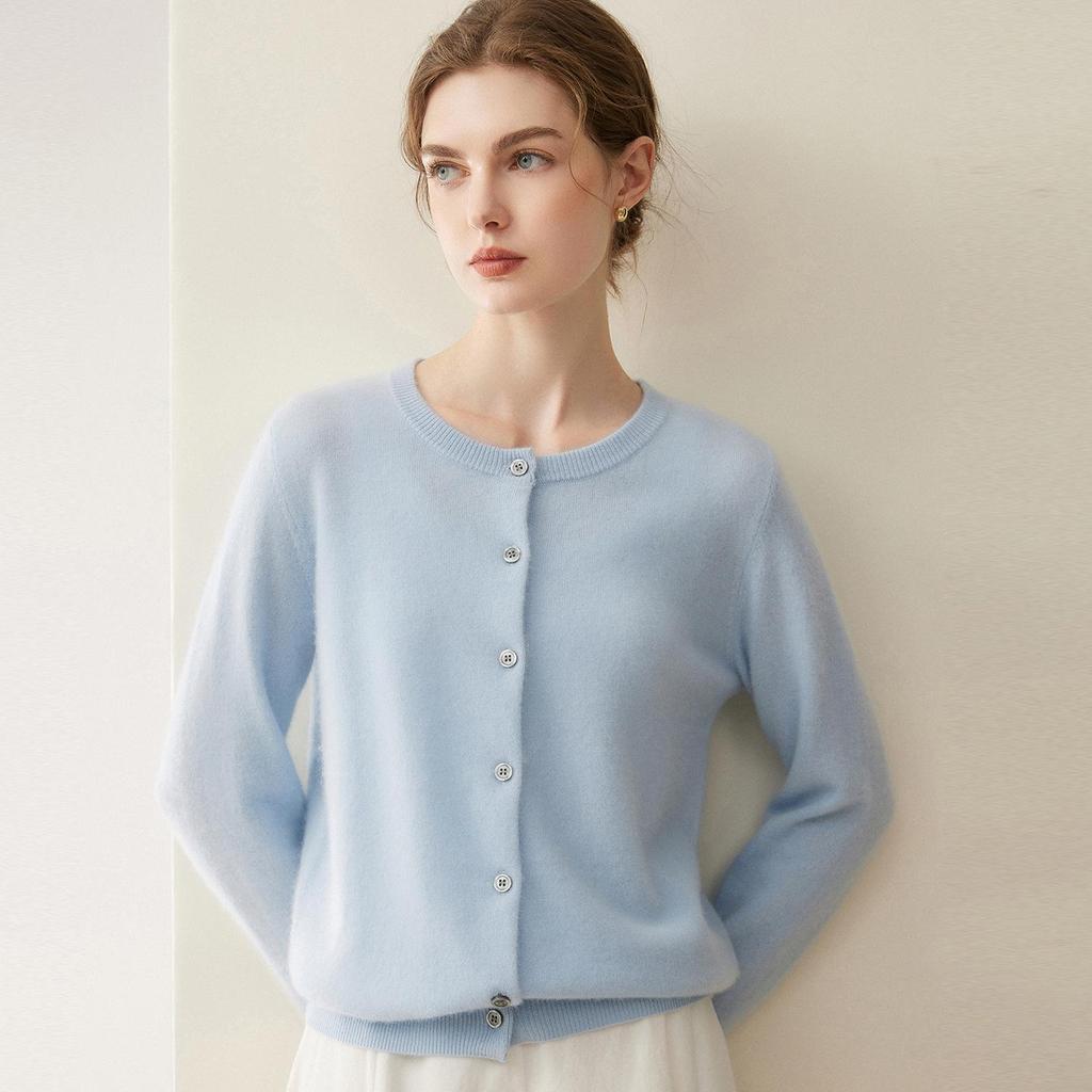 Lekasha 100% Pure Cashmere Knitted Round Neck Cardigan for Women