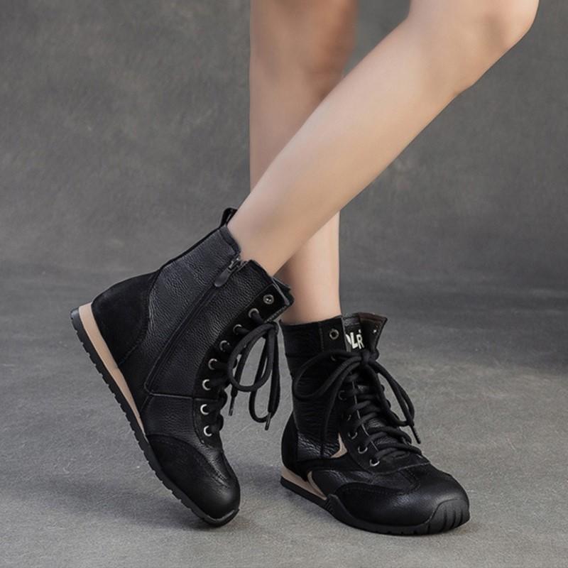 Johnature Plush Warm Retro Short Boots Genuine Leather Flat Cotton Shoes Commuter Women's Shoes