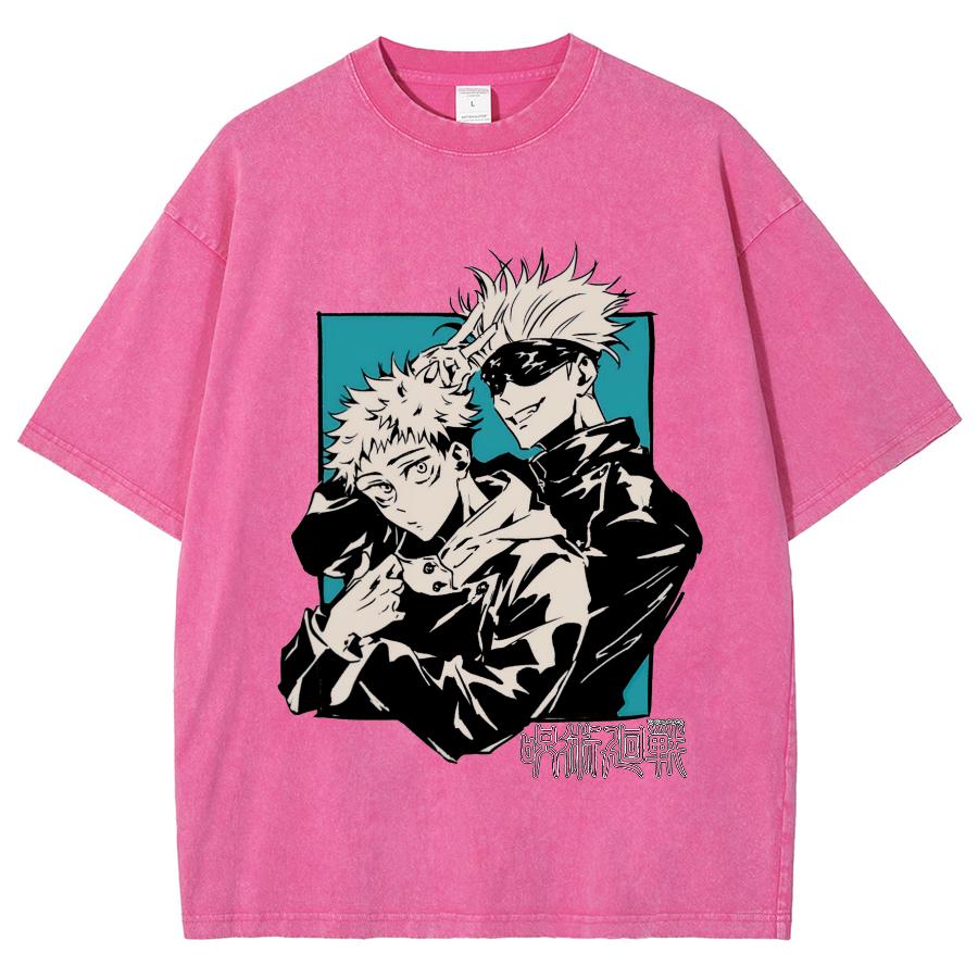 Anime Jujutsu Kaisen Satoru Gojo And Itadori Yuji Print T Shirt Men Women Y2k T-shirts Washed Cotton Tee Harajuku Male Tshirt