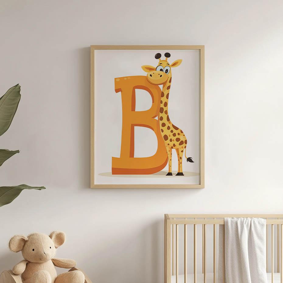 Plakat Śmiejąca Się Żyrafa Przy Literze B Plakat Śmiejąca Się Żyrafa Przy Literze B, 50X70 Cm, Rama Drewniana Ciemny Brąz, Papier Matowy 230 Gsm