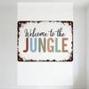 Rustic Metal Tin Sign Welcome To the JUNGLE, Weathered Brown Rust Border, White Distressed Interior with Hanging Holes, Vintage