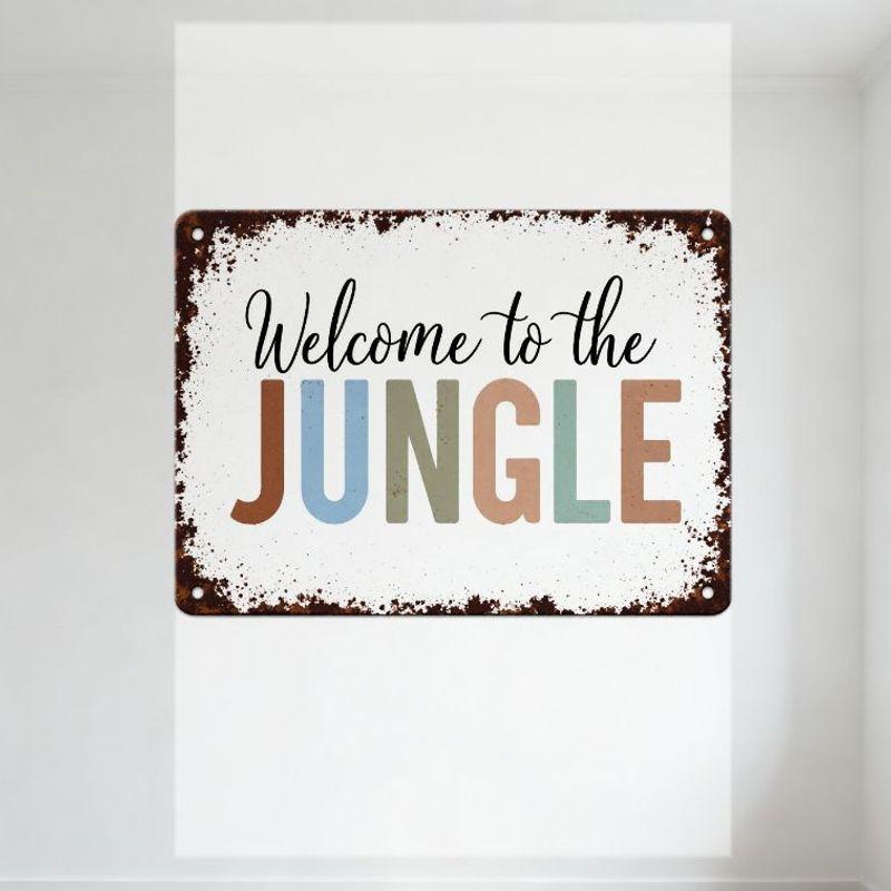 

Rustic Metal Tin Sign Welcome to the JUNGLE, Weathered Brown Rust Border, White Distressed Interior with Hanging Holes, Vintage 20x30cm（7.8x11.8inch）