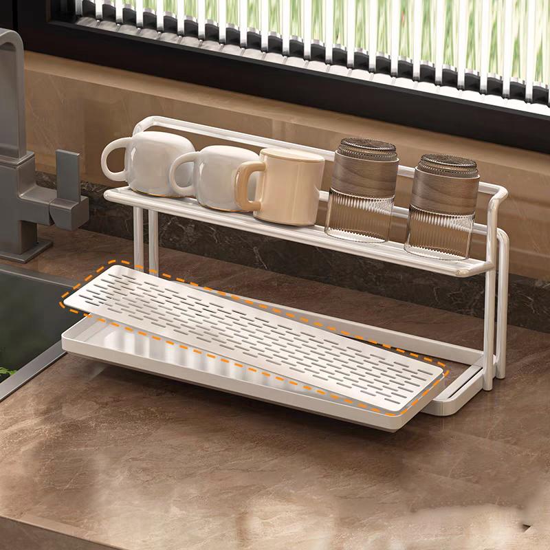 Stainless Steel 2-Tier Bottle Drying Rack with Drain Tray - Space Saving Kitchen Cup Storage Rack for Mugs, Jugs and Accessories