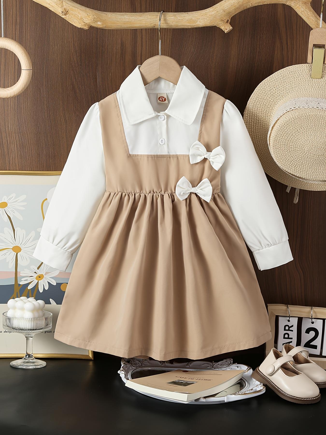 Girls  Preppy Style Long Sleeve Dress, Collared Shirt Fake Two-Piece with Bow Decoration, Kids Casual Spring Autumn Dress 4Y