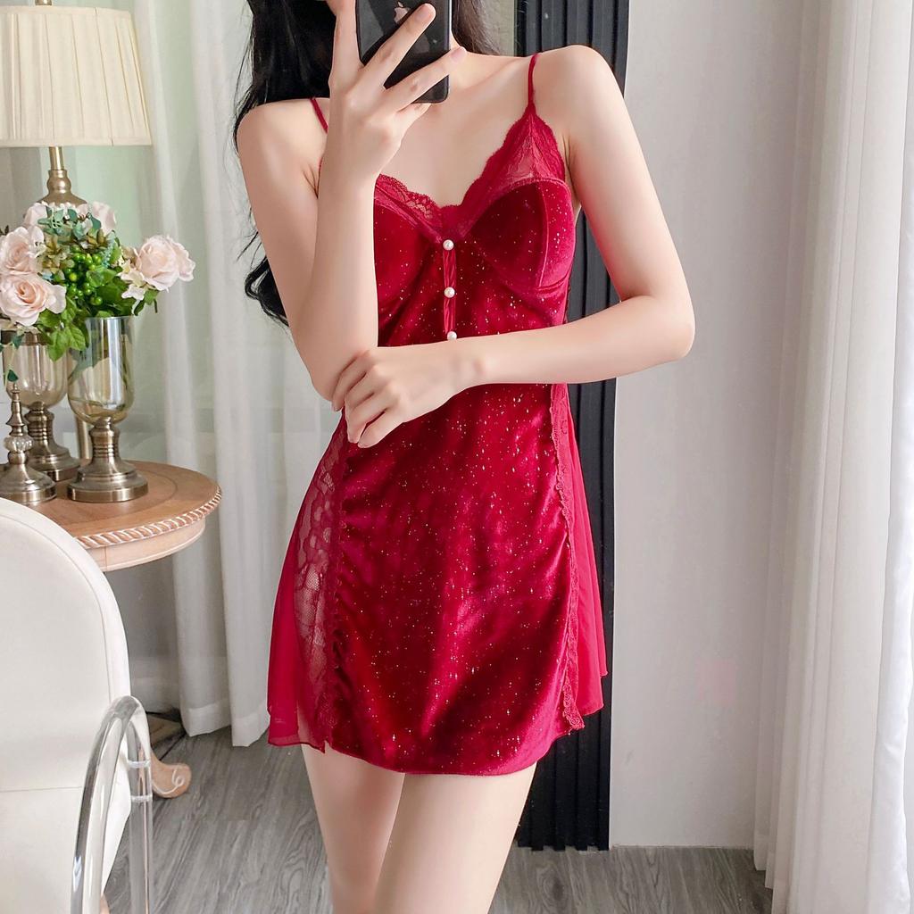 Yase [Confession Message] Sexy Pajamas Women's Golden Velvet Pure Desire Wind Suspender Pajama with Chest Pad Pajama Set