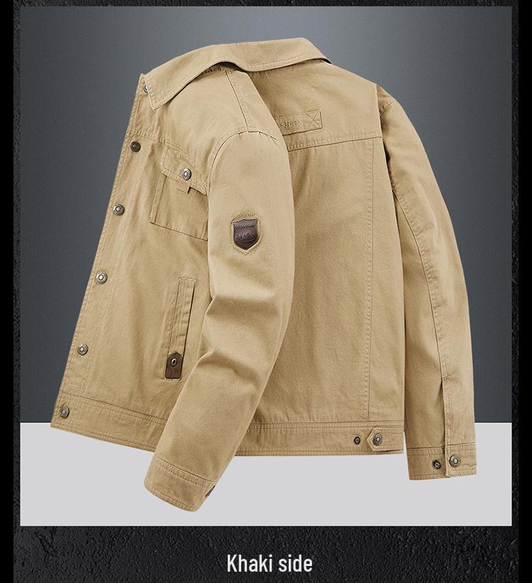 Pánské jarní a podzimní klopové bundy pro střední a starší věk 2024 - jednobarevné ležérní kabáty