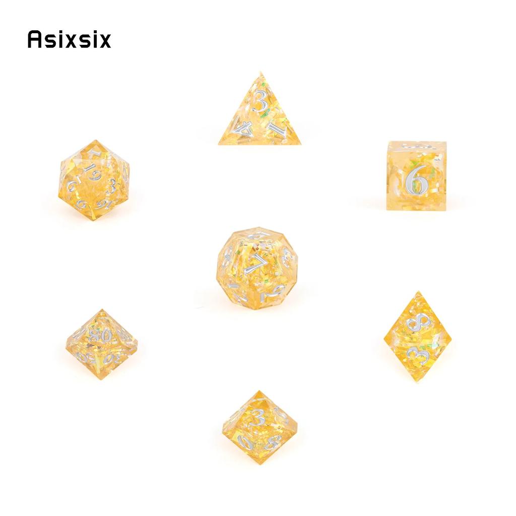 7 Stück gelbe Harz-weiße Zahlenwürfel mit scharfen Kanten, polyedrische Würfel, geeignet für Rollenspiele, RPG-Brettspiele