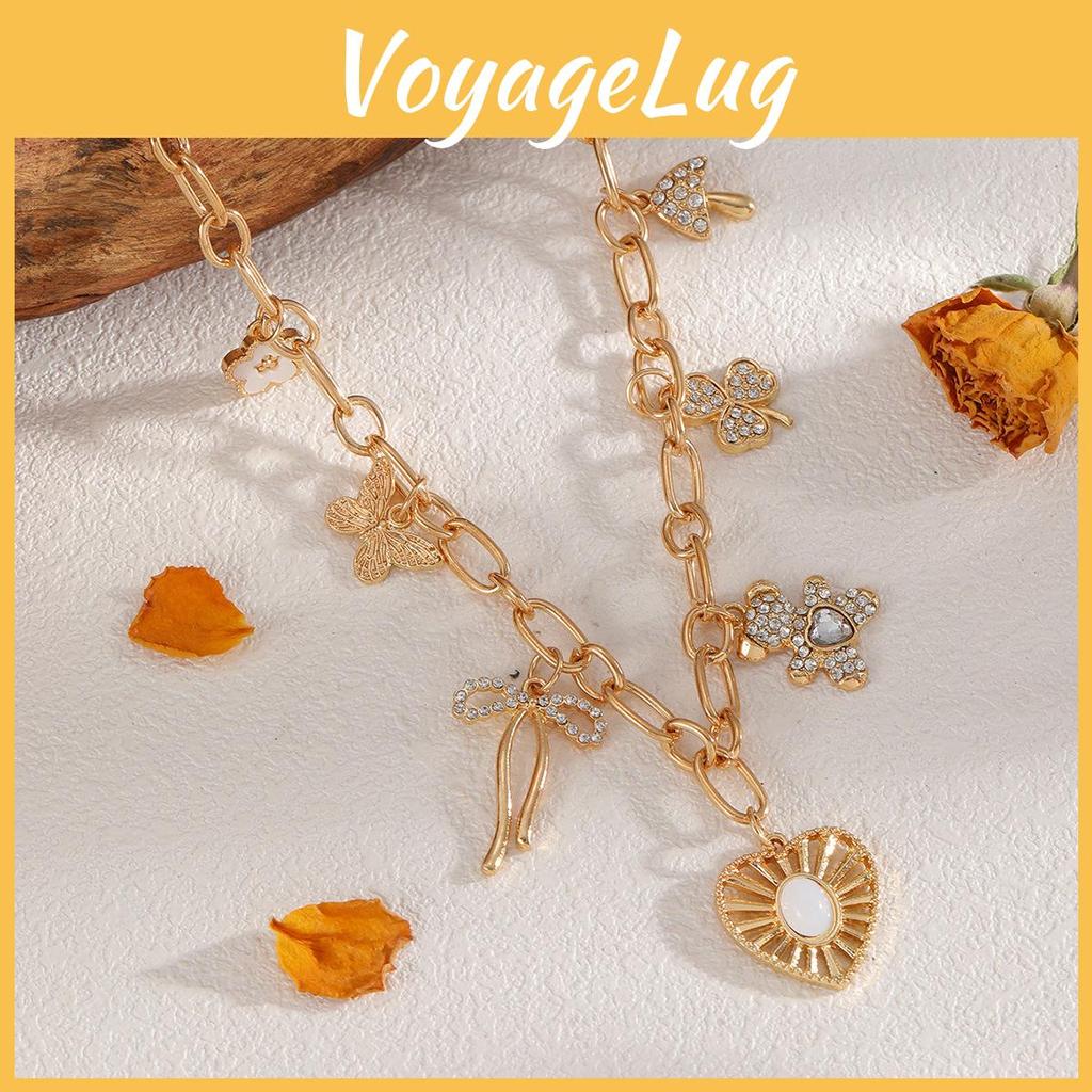 Sweet Heart Lockbone Necklace With Floral Bear For Girls