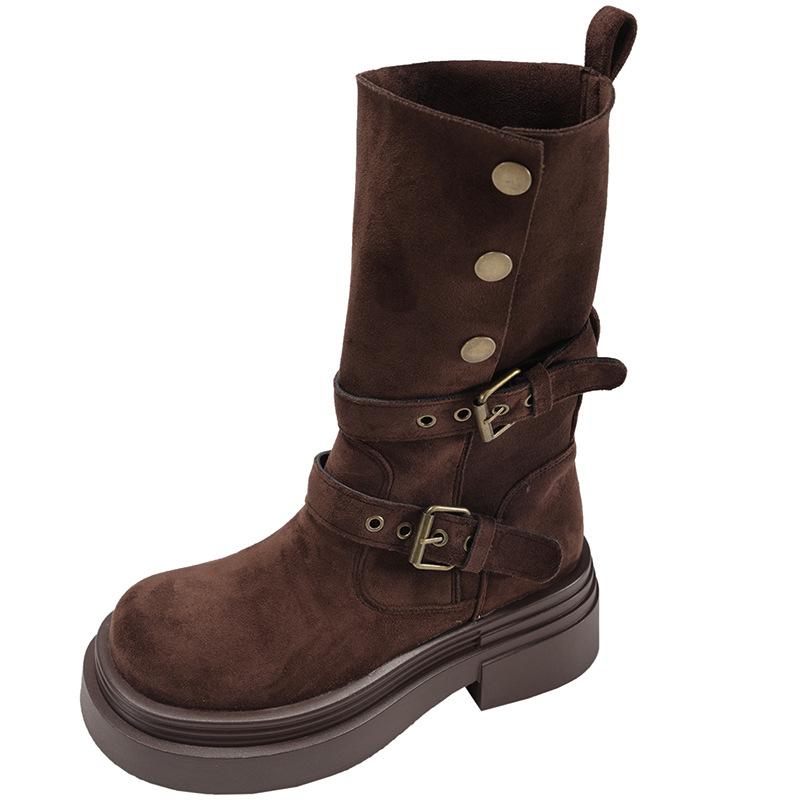 Brown Retro British Style Thick Heel Thick-soled Martin Boots Women's 2025 New Spring and Autumn Thin and Heightened Short Boots