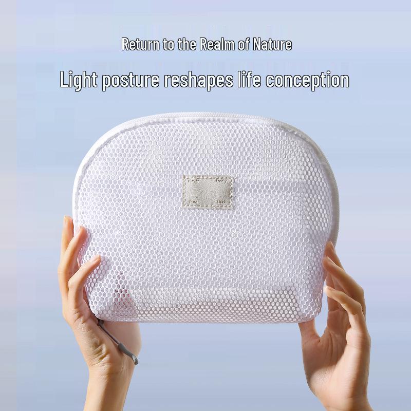 Portable Half-Round Mesh Makeup Bag - Compact Travel Toiletry & Lipstick Organizer