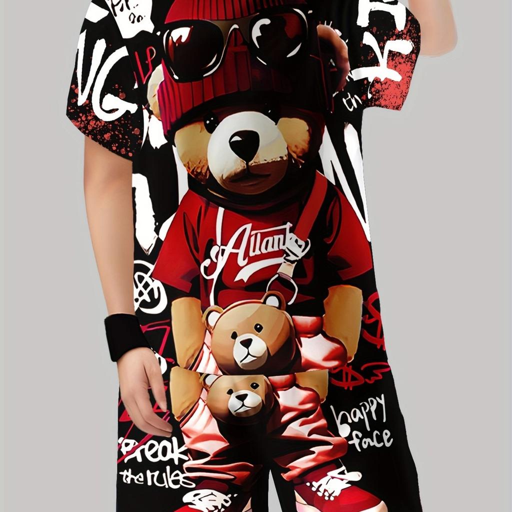 Boys' set of fashionable 3D printed casual pullover, short sleeved shorts, T sports shirt, boys' outdoor T-shirt shorts set
