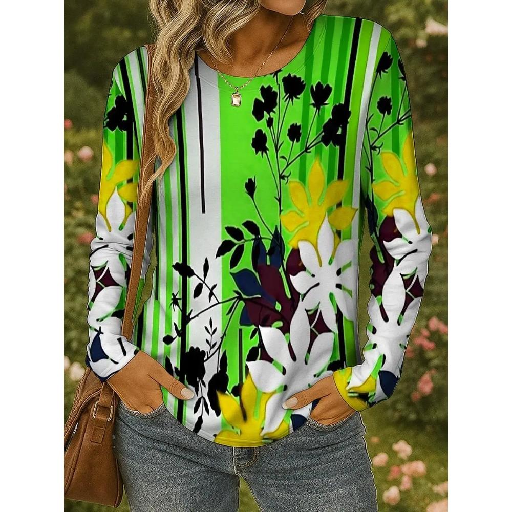 Flower Print Versatile Women's Top Casual Loose Long Sleeve Fashion Pullovers Long Sleeves Women’s