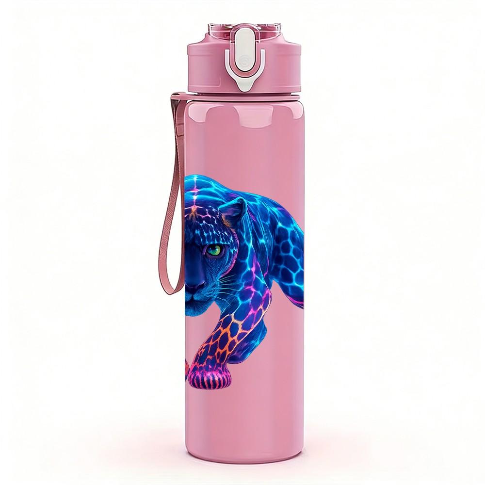 1PC Dark Blue Panther Portrait 750ml Color Plastic Sports Water Bottle Leakproof Flip Straw Lid Suitable for Sports Office Home Use