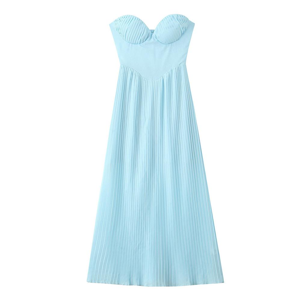 European and American French Blue Tube Top Long Dress Women's Design Sense Pleated Temperament Waist One-word Collar Banquet Dress
