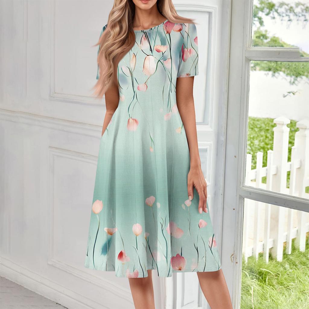 Women's Casual Fashion Round Neck Short Sleeve Print Midi Dress