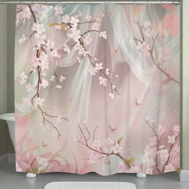 

1 шт. Полиэстеровая шторка для душа с рисунком цветущей сакуры и бабочек - Декор для ванной комнаты с цветочным принтом с крючками, машинная стирка 90X180cm