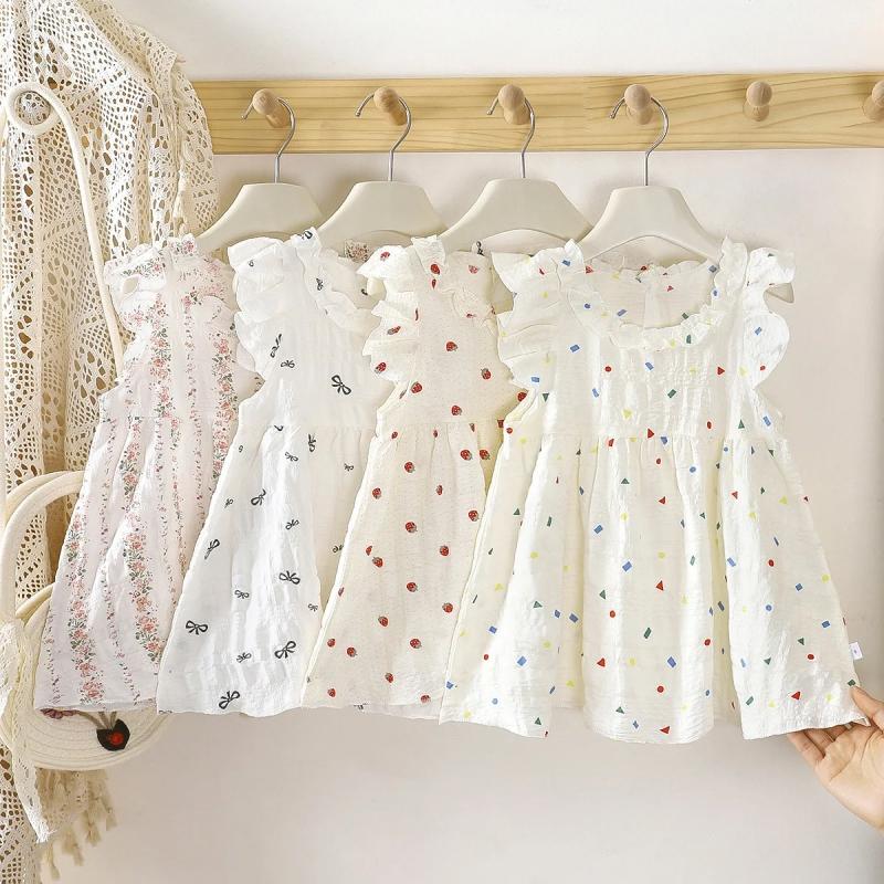 Baby Mädchen buntes Blumenmuster Kleid ärmellos Rüschenkragen Kleinkind Sommer lässig A-Linie Baumwollkleid für Kinder Kleidung