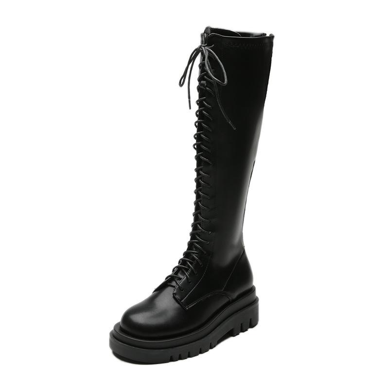 Martin Boots Black Thick-soled Slim Lace-up High Boots Long Knight Boots Women's Autumn and Winter