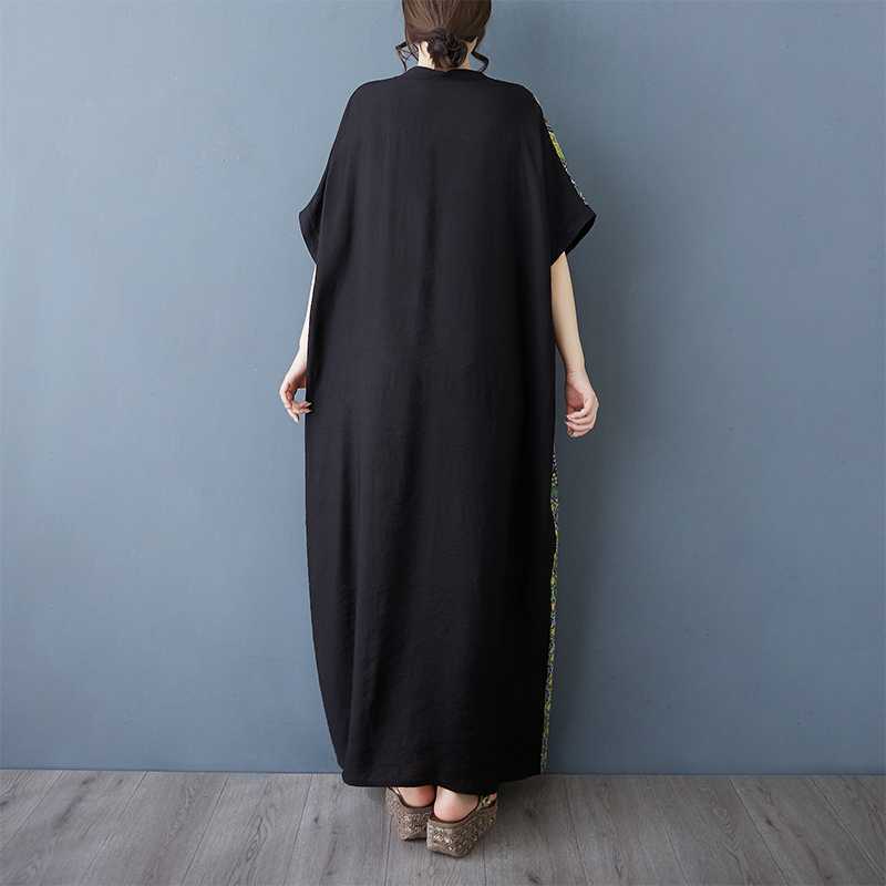 Women's Striped Patchwork Black Long Dress Retro Robe