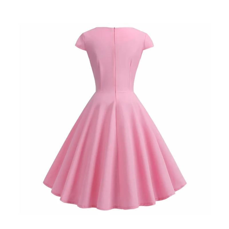Women Summer Dress Solid Color Vintage Casual Party Robe Rockabilly Dresses Vestidos